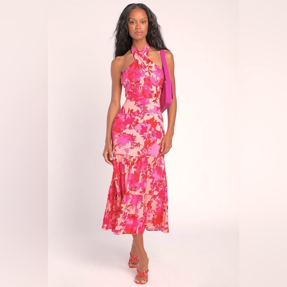 Lulus Dresses & Skirts - Lulus Always Eye-Catching Hot Pink Floral Tiered Halter Midi Dress XL